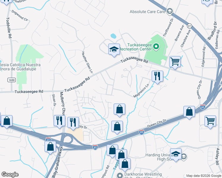 map of restaurants, bars, coffee shops, grocery stores, and more near 2825 Reid Meadows Drive in Charlotte