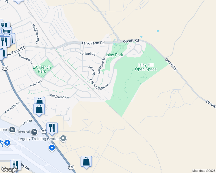 map of restaurants, bars, coffee shops, grocery stores, and more near 4587 Spanish Oaks Drive in San Luis Obispo