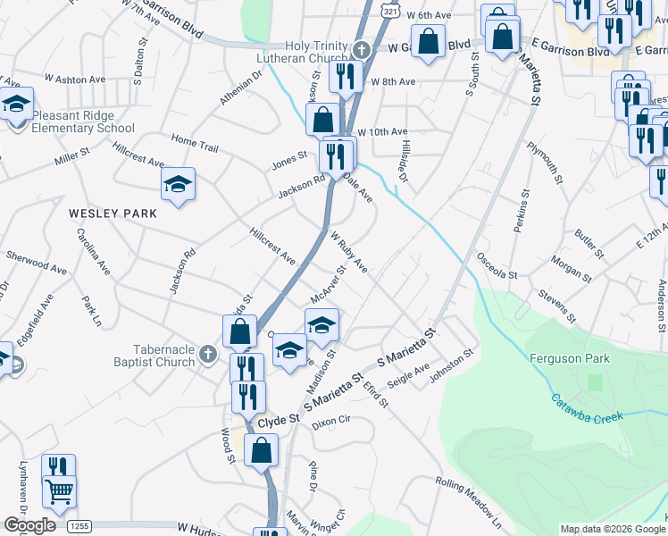 map of restaurants, bars, coffee shops, grocery stores, and more near 409 West Ruby Avenue in Gastonia