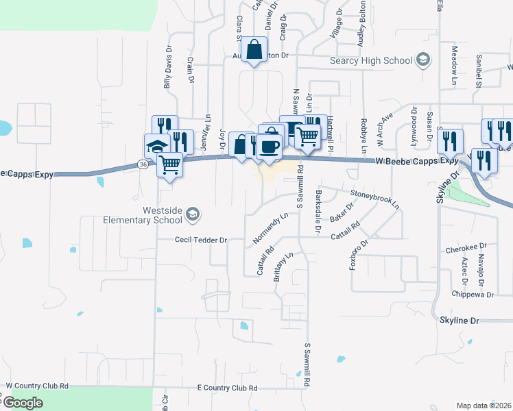 map of restaurants, bars, coffee shops, grocery stores, and more near 410 South Sherwood Drive in Searcy