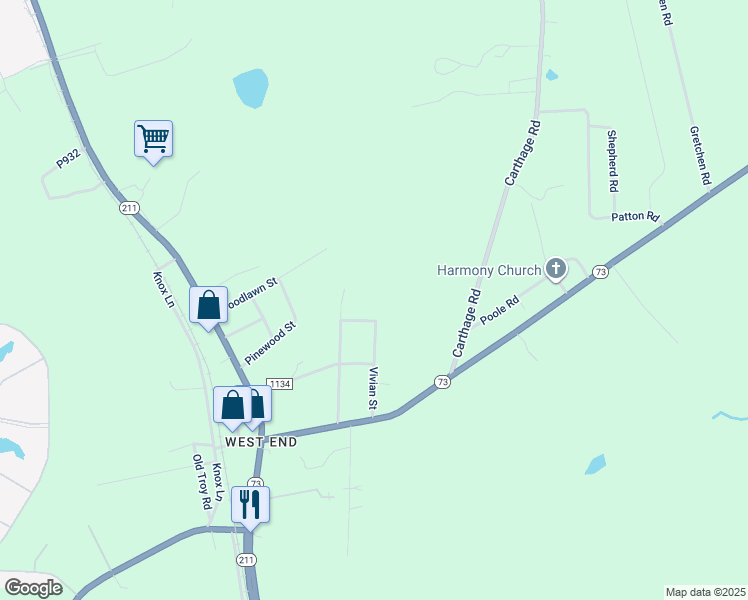 map of restaurants, bars, coffee shops, grocery stores, and more near 218 Vivian Street in Moore County