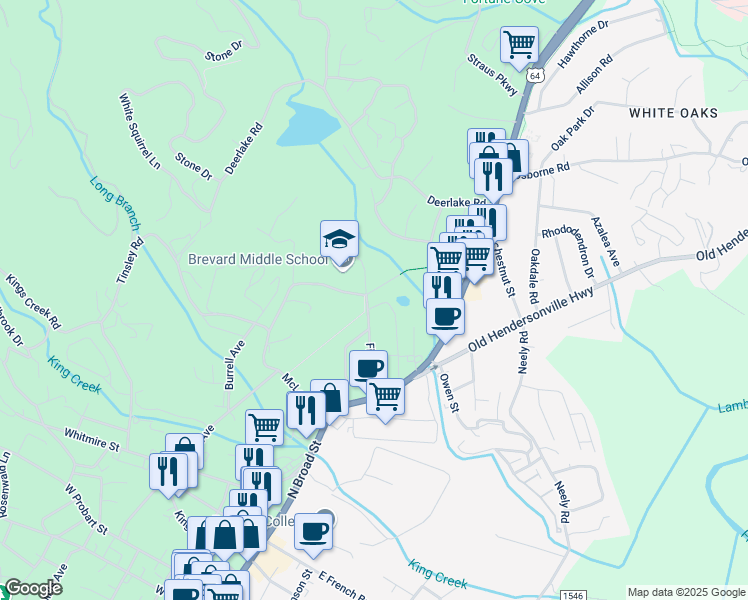 map of restaurants, bars, coffee shops, grocery stores, and more near 29 Poplar Street in Brevard