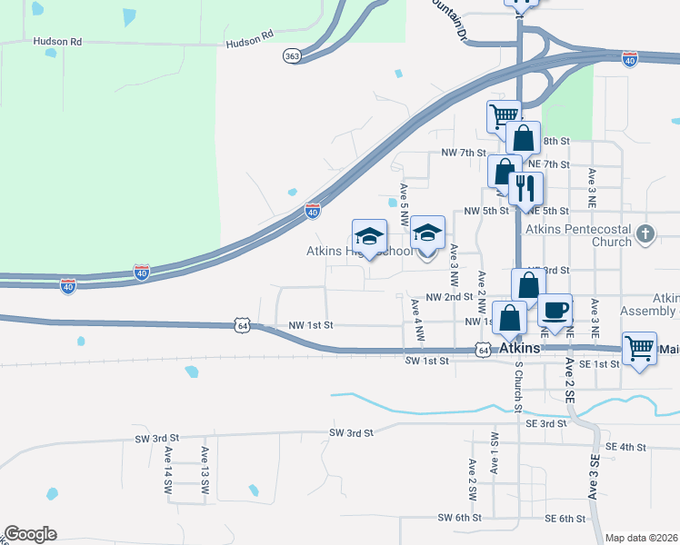 map of restaurants, bars, coffee shops, grocery stores, and more near 903 Northwest 3rd Street in Atkins