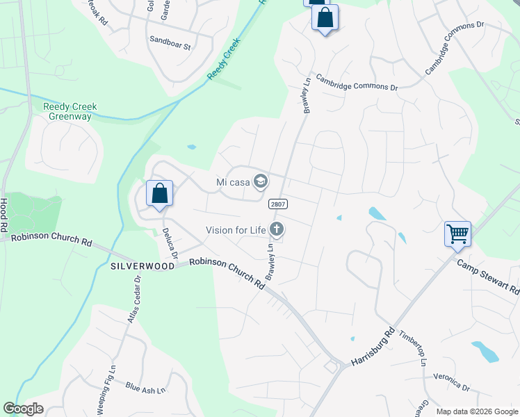 map of restaurants, bars, coffee shops, grocery stores, and more near 7732 Shiny Meadow Lane in Charlotte