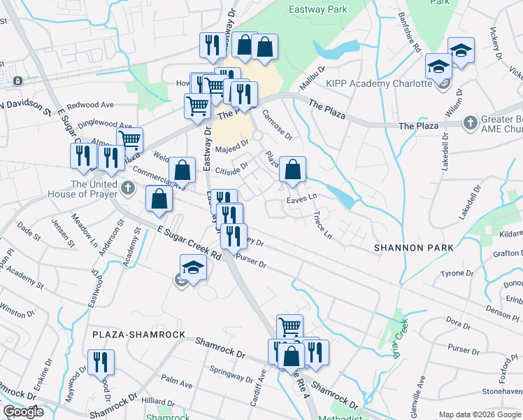 map of restaurants, bars, coffee shops, grocery stores, and more near 1811 Kindred Drive in Charlotte