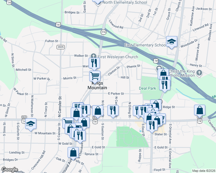 map of restaurants, bars, coffee shops, grocery stores, and more near 311 North Carpenter Street in Kings Mountain