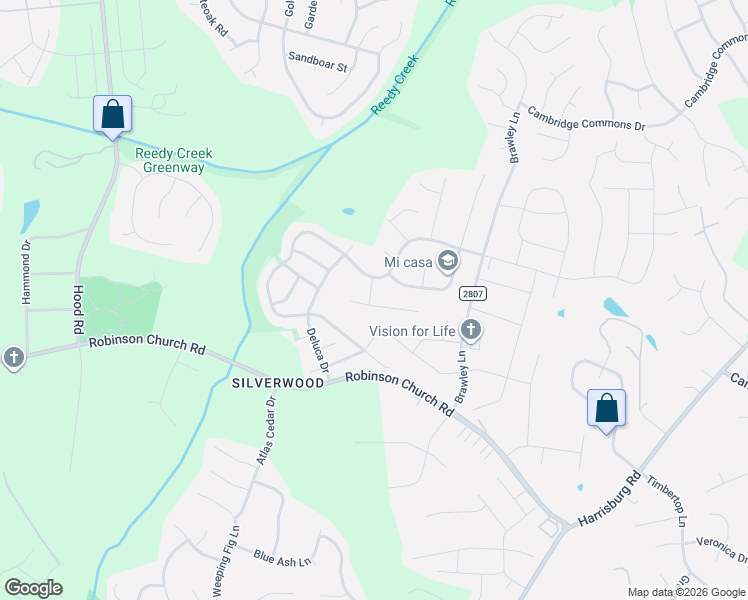map of restaurants, bars, coffee shops, grocery stores, and more near 7608 Shiny Meadow Lane in Charlotte
