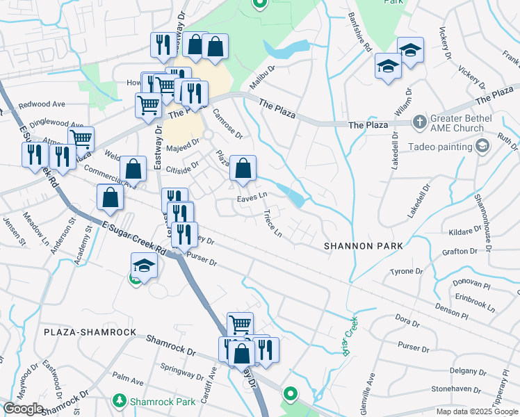 map of restaurants, bars, coffee shops, grocery stores, and more near 4515 Eaves Lane in Charlotte
