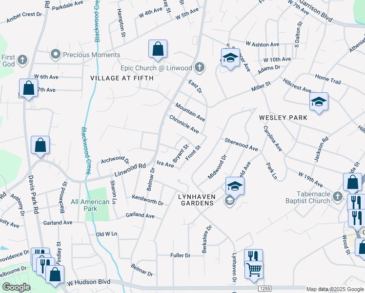 map of restaurants, bars, coffee shops, grocery stores, and more near 1415 Bryant Street in Gastonia