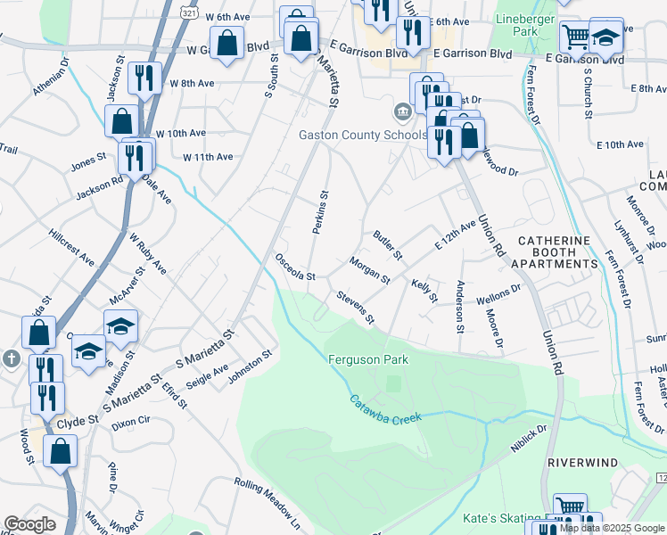 map of restaurants, bars, coffee shops, grocery stores, and more near 306 Osceola Street in Gastonia