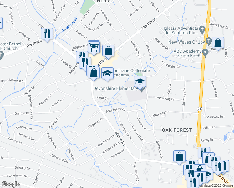 map of restaurants, bars, coffee shops, grocery stores, and more near 4619 Perth Court in Charlotte