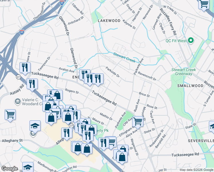 map of restaurants, bars, coffee shops, grocery stores, and more near 1052 McQuay Street in Charlotte