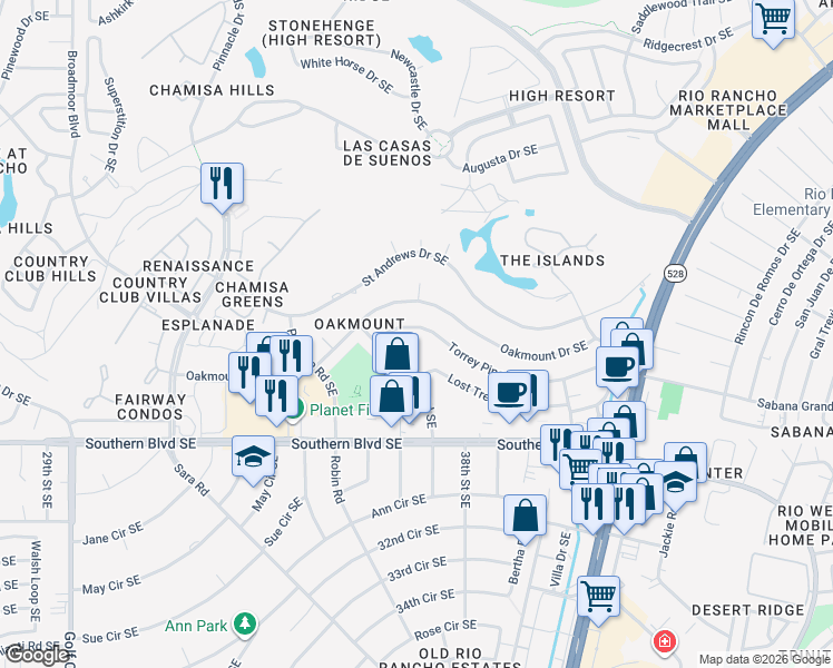 map of restaurants, bars, coffee shops, grocery stores, and more near 3700 Torrey Pines Road Southeast in Rio Rancho