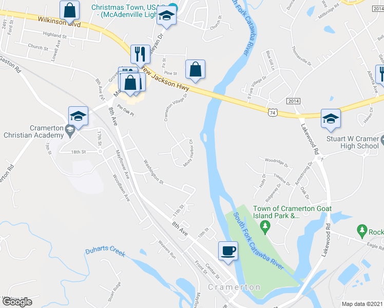 map of restaurants, bars, coffee shops, grocery stores, and more near 3012 Misty Harbor Circle in Cramerton