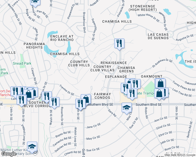 map of restaurants, bars, coffee shops, grocery stores, and more near 833 Country Club Drive Southeast in Rio Rancho