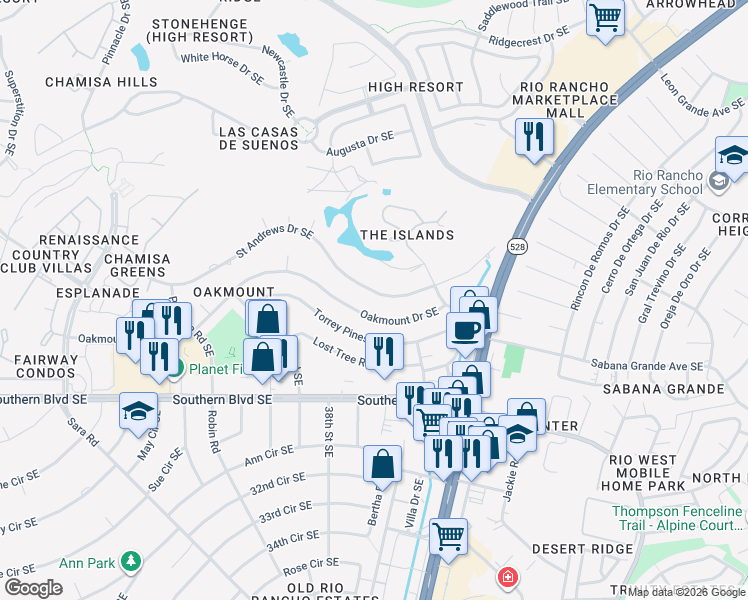 map of restaurants, bars, coffee shops, grocery stores, and more near 3810 Saint Andrews Drive Southeast in Rio Rancho