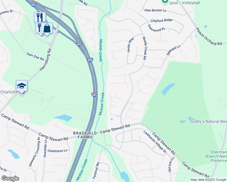 map of restaurants, bars, coffee shops, grocery stores, and more near 6606 Kingbird Court in Charlotte