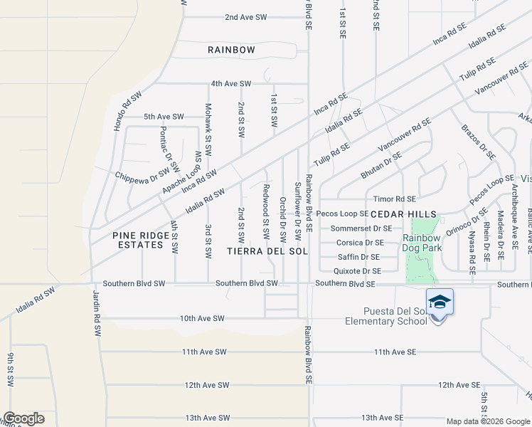 map of restaurants, bars, coffee shops, grocery stores, and more near 707 Redwood Street Southwest in Rio Rancho