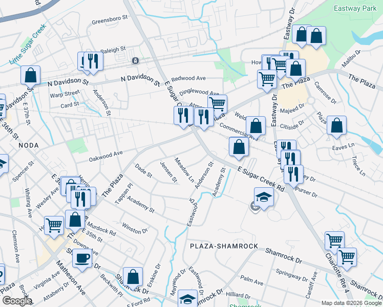 map of restaurants, bars, coffee shops, grocery stores, and more near in Charlotte