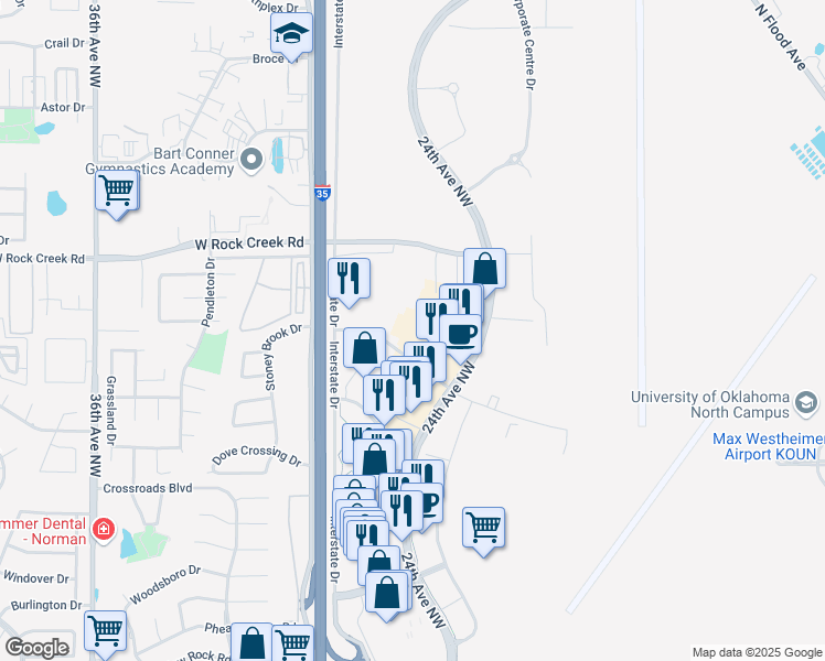 map of restaurants, bars, coffee shops, grocery stores, and more near 2110 24th Avenue Northwest in Norman
