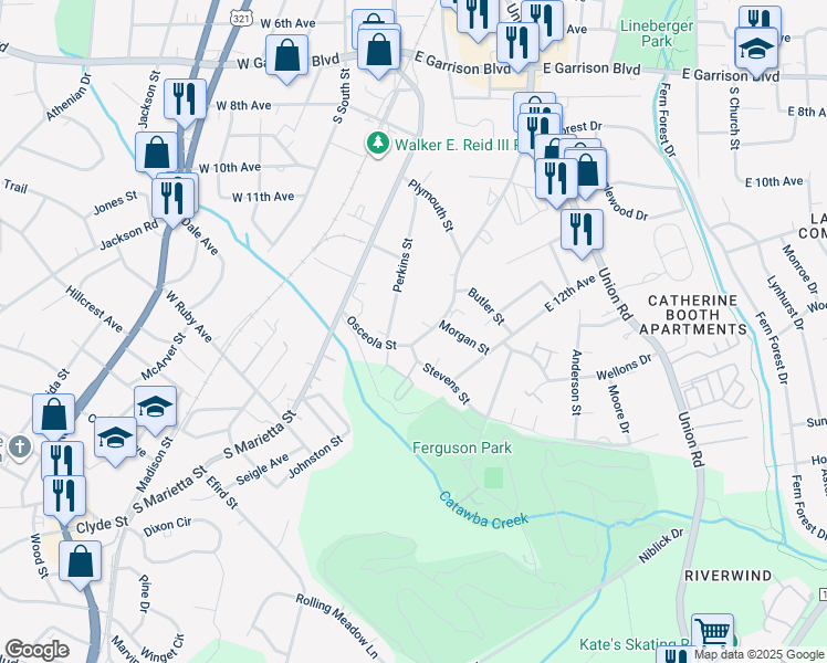 map of restaurants, bars, coffee shops, grocery stores, and more near 304 Osceola Street in Gastonia