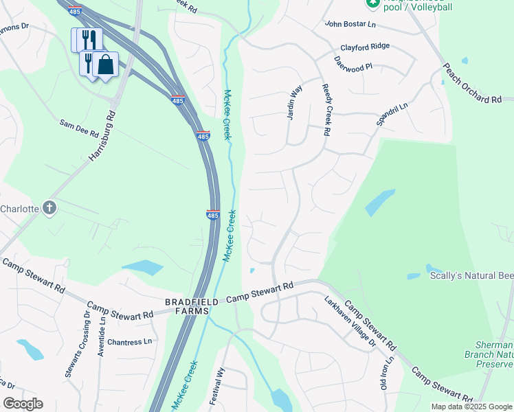 map of restaurants, bars, coffee shops, grocery stores, and more near 6606 Kingbird Court in Charlotte