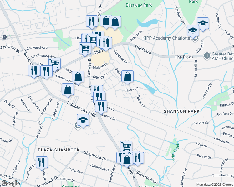 map of restaurants, bars, coffee shops, grocery stores, and more near 1811 Kindred Drive in Charlotte