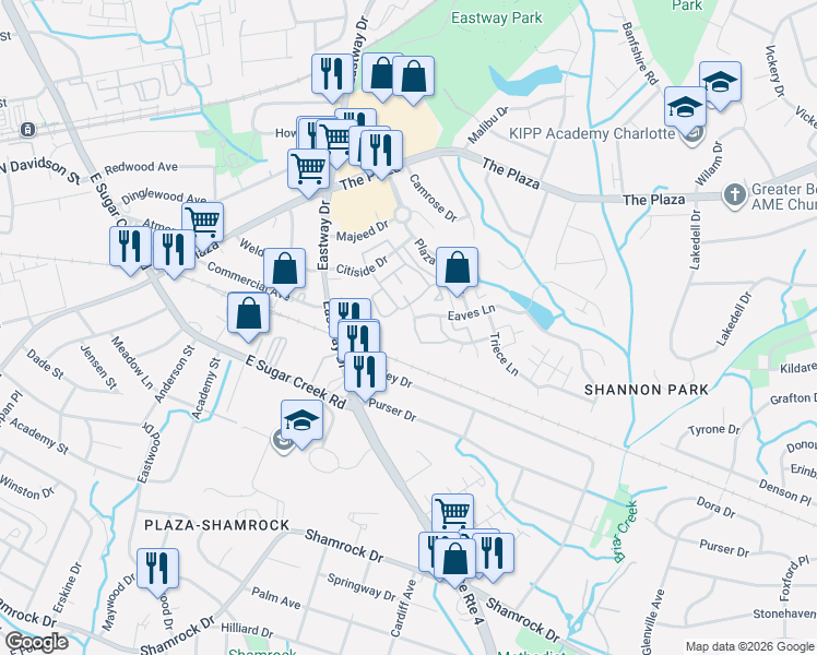 map of restaurants, bars, coffee shops, grocery stores, and more near 1811 Kindred Drive in Charlotte