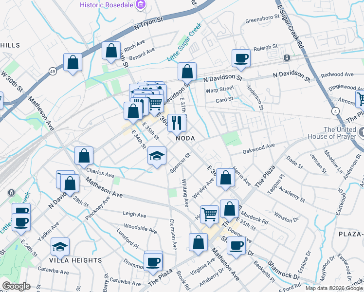 map of restaurants, bars, coffee shops, grocery stores, and more near in Charlotte