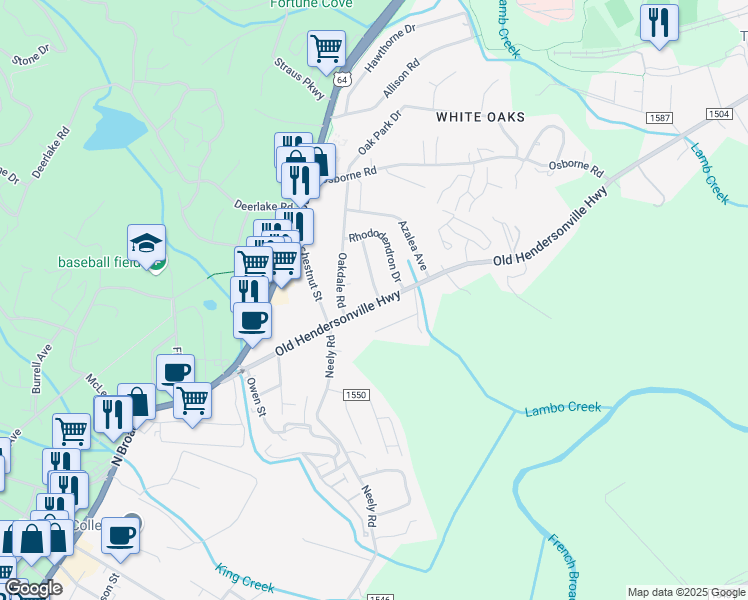 map of restaurants, bars, coffee shops, grocery stores, and more near 139 Highland Road in Brevard