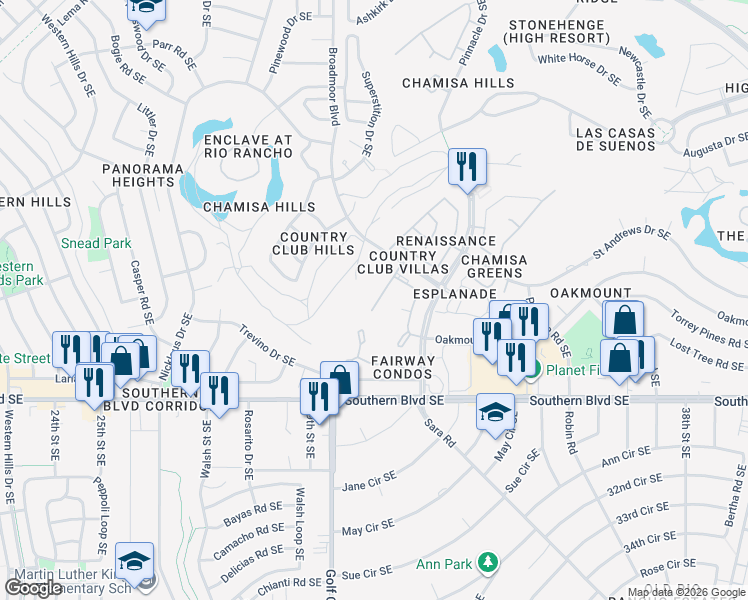 map of restaurants, bars, coffee shops, grocery stores, and more near 831 Country Club Drive Southeast in Rio Rancho