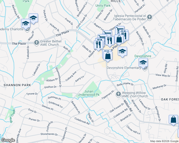 map of restaurants, bars, coffee shops, grocery stores, and more near 5807 Ruth Drive in Charlotte