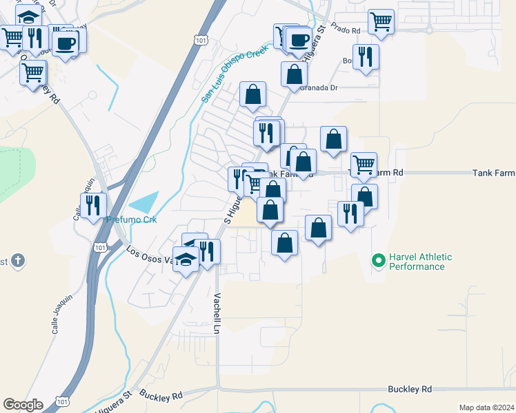 map of restaurants, bars, coffee shops, grocery stores, and more near 3977 South Higuera Street in San Luis Obispo