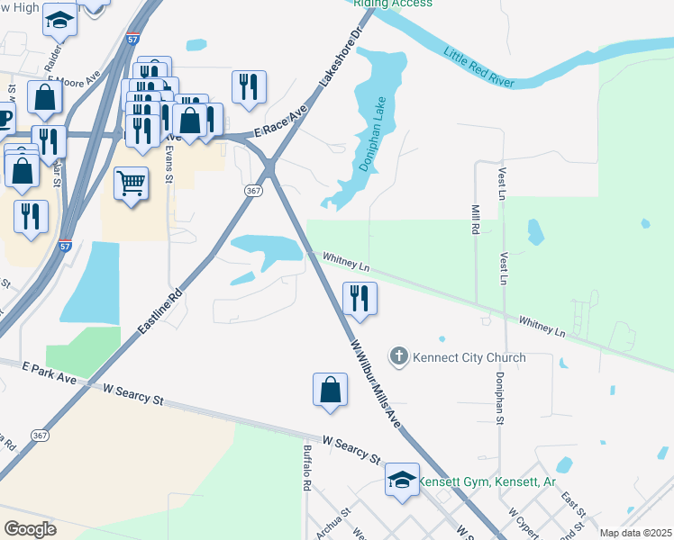 map of restaurants, bars, coffee shops, grocery stores, and more near 1601 Wilbur D Mills Avenue in Kensett