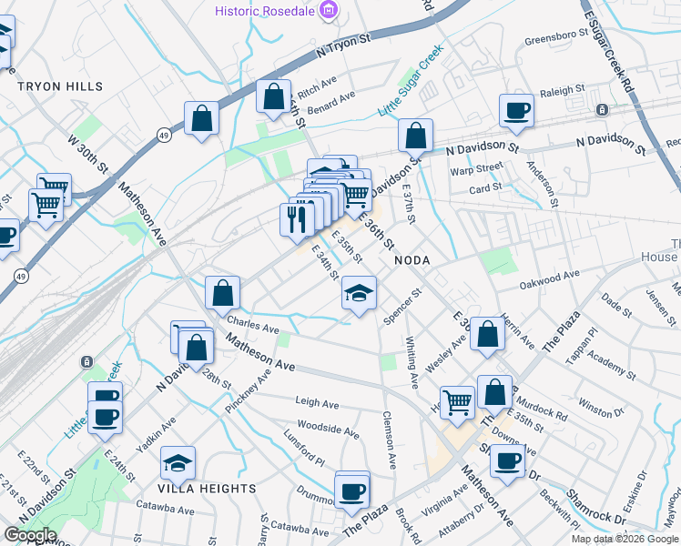 map of restaurants, bars, coffee shops, grocery stores, and more near 3100 North Alexander Street in Charlotte