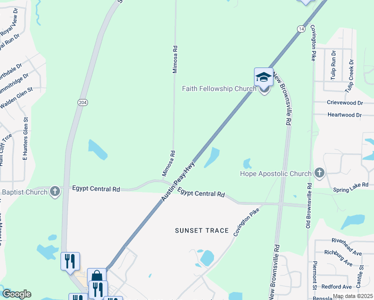 map of restaurants, bars, coffee shops, grocery stores, and more near 4364 Mimosa Road in Memphis