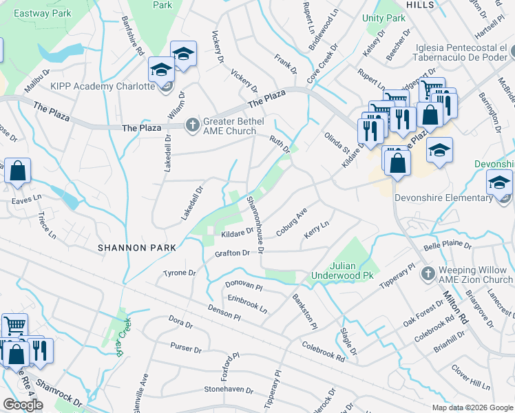 map of restaurants, bars, coffee shops, grocery stores, and more near 1442 Shannonhouse Drive in Charlotte