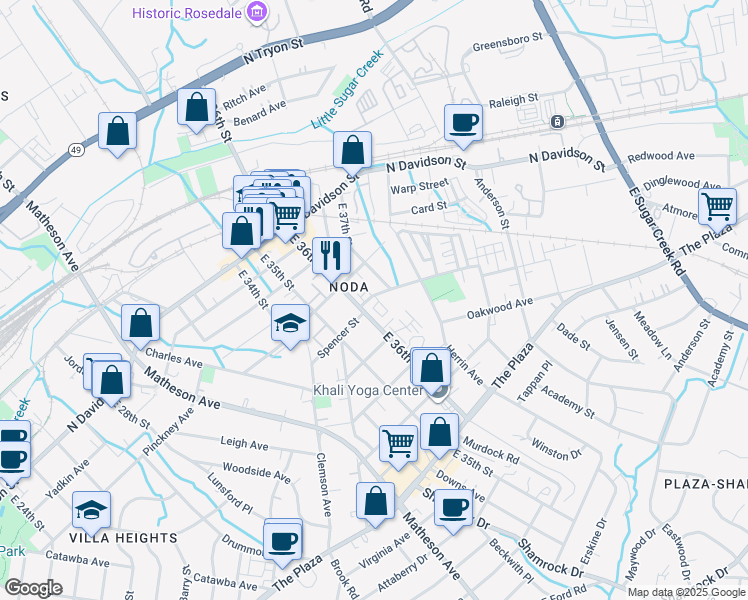 map of restaurants, bars, coffee shops, grocery stores, and more near 832 East 37th Street in Charlotte