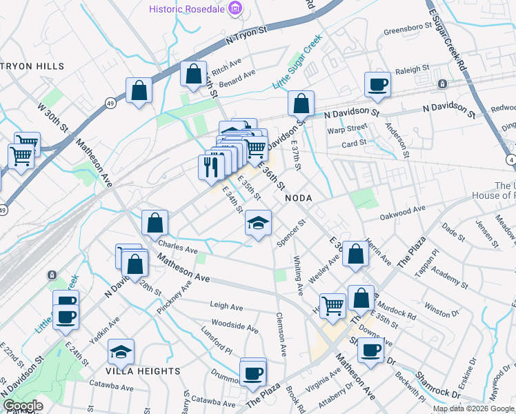 map of restaurants, bars, coffee shops, grocery stores, and more near in Charlotte