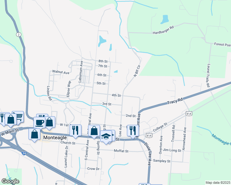 map of restaurants, bars, coffee shops, grocery stores, and more near 217 4th Street in Monteagle