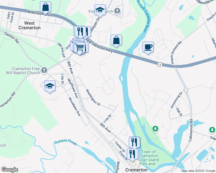map of restaurants, bars, coffee shops, grocery stores, and more near 2002 Cramerton Village Drive in Cramerton