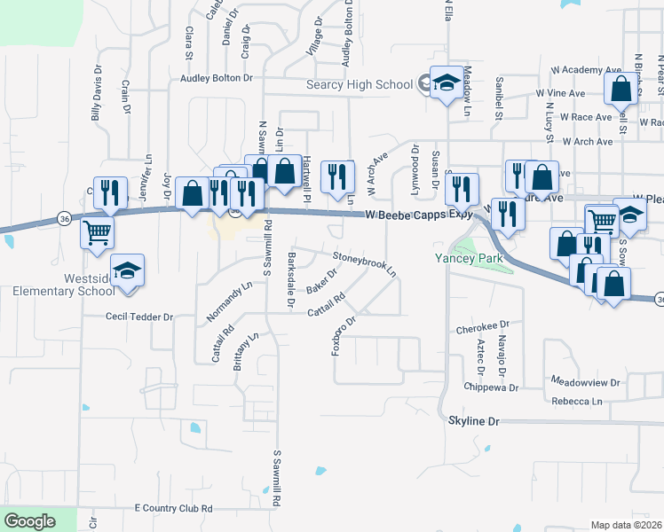 map of restaurants, bars, coffee shops, grocery stores, and more near 21 Stoneybrook Lane in Searcy