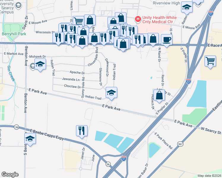 map of restaurants, bars, coffee shops, grocery stores, and more near 34 Glenmere Drive in Searcy
