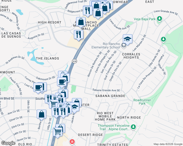 map of restaurants, bars, coffee shops, grocery stores, and more near 4116 Las Casas Court Southeast in Rio Rancho