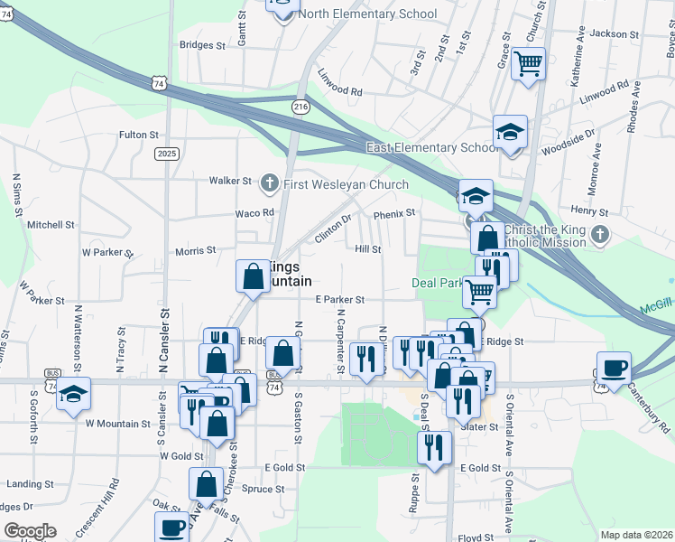 map of restaurants, bars, coffee shops, grocery stores, and more near 311 North Carpenter Street in Kings Mountain