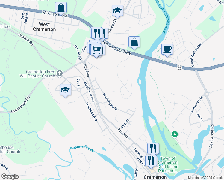 map of restaurants, bars, coffee shops, grocery stores, and more near 6004 Boathouse Lane in Cramerton