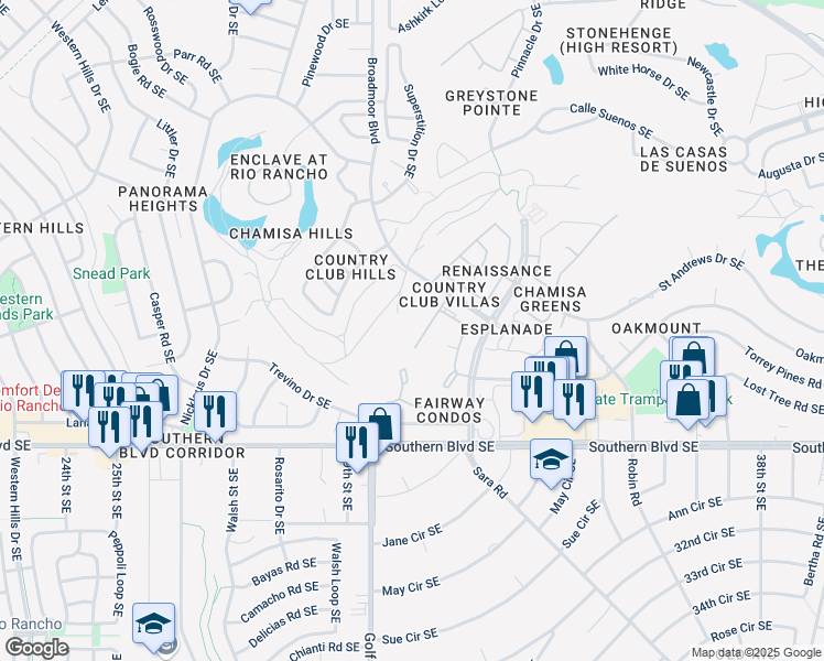 map of restaurants, bars, coffee shops, grocery stores, and more near 831 Country Club Drive Southeast in Rio Rancho