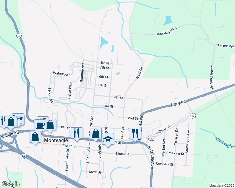 map of restaurants, bars, coffee shops, grocery stores, and more near 217 4th Street in Monteagle
