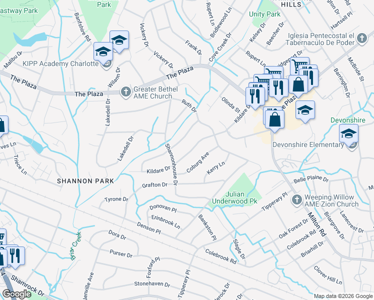 map of restaurants, bars, coffee shops, grocery stores, and more near 5337 Kildare Drive in Charlotte