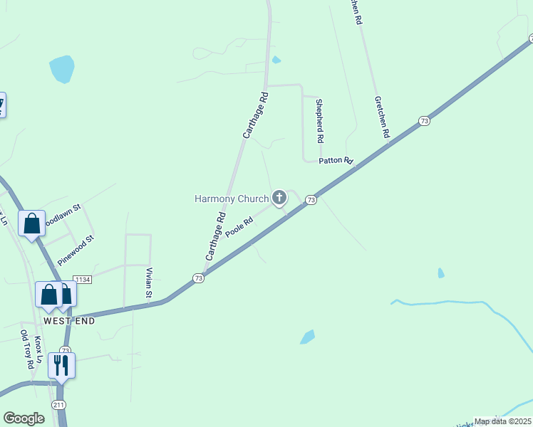 map of restaurants, bars, coffee shops, grocery stores, and more near 141 Poole Road in Raeford